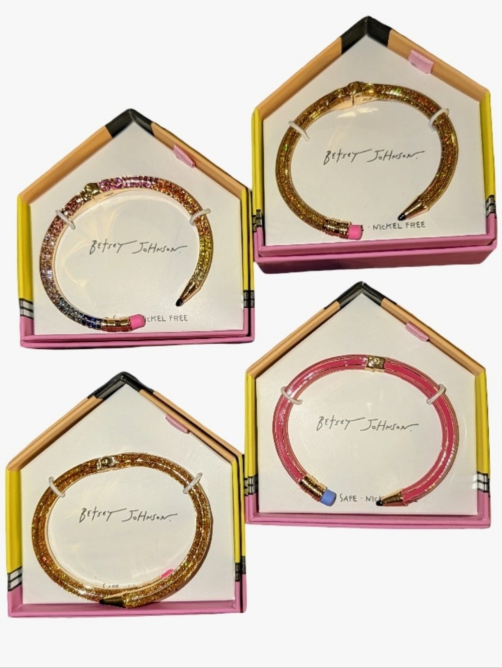 Betsey Johnson Pencil Bracelet Set of 4; Hinged Bangles One Size Fits Most